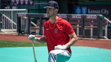 Jul 9, 2022; Kansas City, Missouri, USA; Cleveland Guardians right fielder Nolan Jones (33) takes batting practice against the Kansas City Royals prior to the game at Kauffman Stadium. Mandatory Credit: Denny Medley-Imagn Images