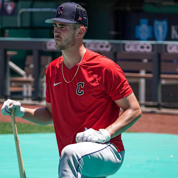 Jul 9, 2022; Kansas City, Missouri, USA; Cleveland Guardians right fielder Nolan Jones (33) takes batting practice against the Kansas City Royals prior to the game at Kauffman Stadium. Mandatory Credit: Denny Medley-Imagn Images