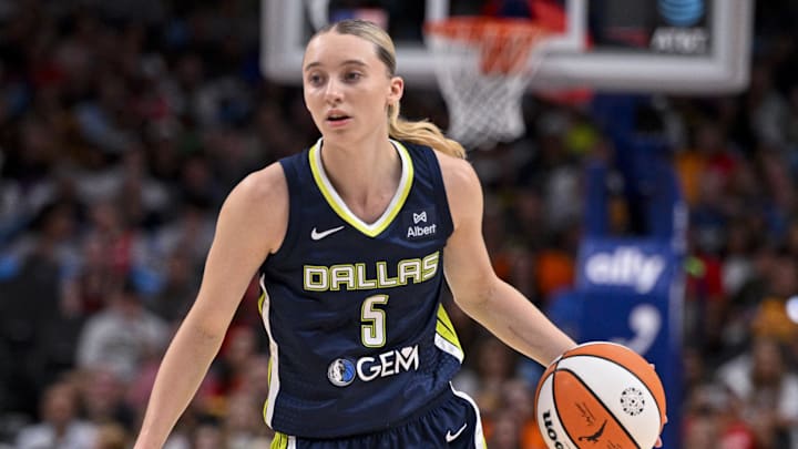 Aug 1, 2025; Dallas, Texas, USA; Dallas Wings guard Paige Bueckers (5) in action during the game between the Dallas Wings and the Indiana Fever at the American Airlines Center. Mandatory Credit: Jerome Miron-Imagn Images