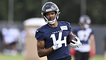 Jun 10, 2025; Houston, TX, USA; Houston Texans wide receiver Jared Wayne (14) participates in a drill during an NFL football minicamp at NRG Stadium. Mandatory Credit: Maria Lysaker-Imagn Images 