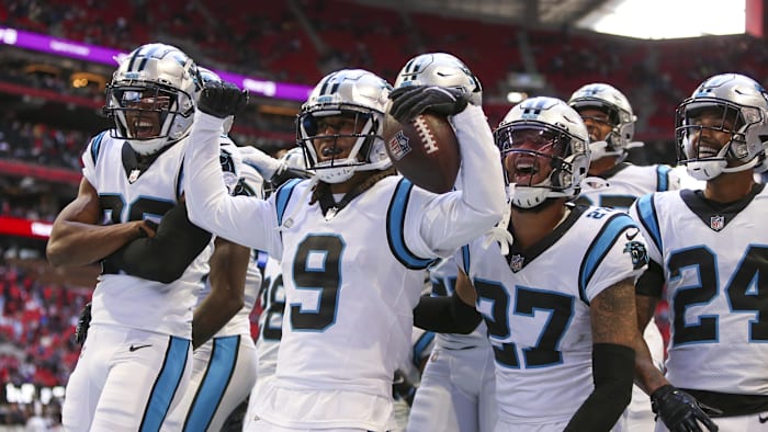 Oct 31, 2021; Atlanta, Georgia, USA; Carolina Panthers cornerback Stephon Gilmore (9) celebrates