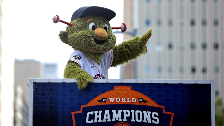 Nov 7, 2022; Houston, Texas, USA; Houston Astros mascot Orbit waves to the crowd during the Houston Astros Championship Parade in Houston, TX. Mandatory Credit: Erik Williams-USA TODAY Sports