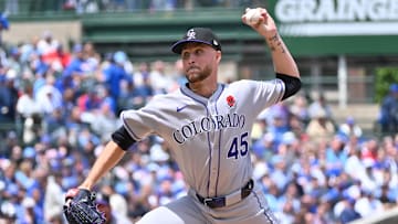 May 26, 2025; Chicago, Illinois, USA; Colorado Rockies starting pitcher Carson Palmquist (45) pitches during the first inning against the Chicago Cubs at Wrigley Field. Mandatory Credit: Patrick Gorski-Imagn Images