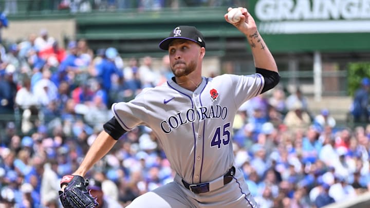 May 26, 2025; Chicago, Illinois, USA; Colorado Rockies starting pitcher Carson Palmquist (45) pitches during the first inning against the Chicago Cubs at Wrigley Field. Mandatory Credit: Patrick Gorski-Imagn Images