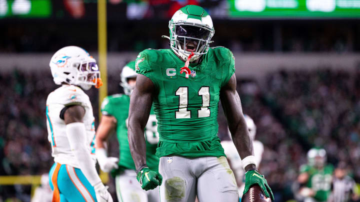 Oct 22, 2023; Philadelphia, Pennsylvania, USA; Philadelphia Eagles wide receiver A.J. Brown (11) reacts after a first down catch against the Miami Dolphins during the fourth quarter at Lincoln Financial Field. Mandatory Credit: Bill Streicher-USA TODAY Sports