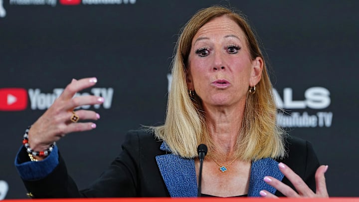 Oct 3, 2025; Las Vegas, Nevada, USA; WNBA Commissioner Cathy Engelbert talks during a presser before the start of game one of the 2025 WNBA Finals between the Phoenix Mercury and the Las Vegas Aces at Michelob Ultra Arena. Oct 3, 2025; Las Vegas, Nevada, USA; WNBA Commissioner Cathy Engelbert talks during a presser before the start of game one of the 2025 WNBA Finals between the Phoenix Mercury and the Las Vegas Aces at Michelob Ultra Arena.