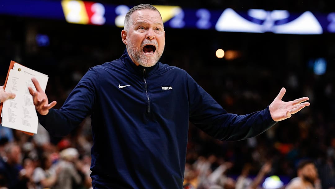 Nov 22, 2024; Denver, Colorado, USA; Denver Nuggets head coach Michael Malone reacts in the third quarter against the Dallas Mavericks at Ball Arena. Mandatory Credit: Isaiah J. Downing-Imagn Images