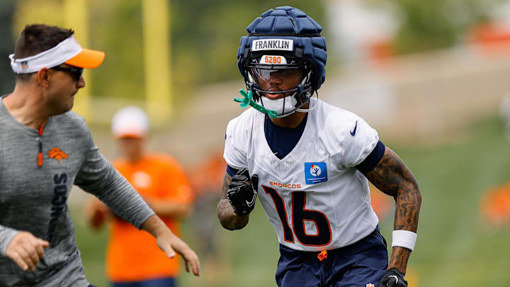 Jul 26, 2024; Englewood, CO, USA; Denver Broncos wide receiver Troy Franklin (16) during training camp at Broncos Park Powered by CommonSpirit. Mandatory Credit: Isaiah J. Downing-Imagn Images