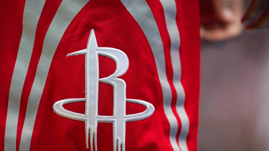 Apr 2, 2015; Dallas, TX, USA; A view of the Houston Rockets logo during the game against the Dallas Mavericks at the American Airlines Center. The Rockets defeated the Mavericks 108-101.  Jerome Miron-Imagn Images