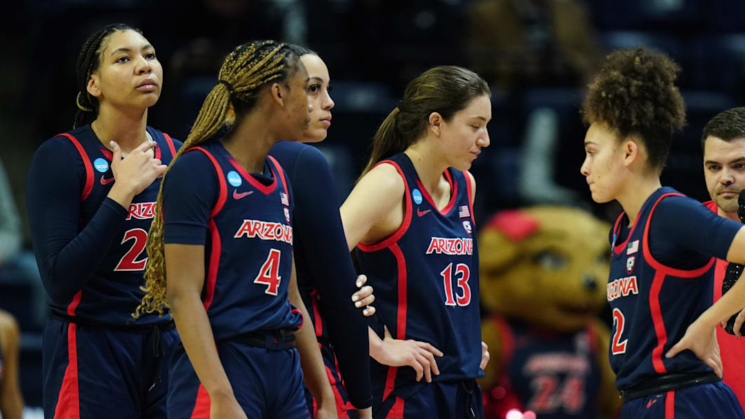 Mar 23, 2024; Storrs, Connecticut, USA; Arizona Wildcats head coach Adia Barnes with her team during a break in the action as they take on the Syracuse Orange at Harry A. Gampel Pavilion. Mandatory Credit: David Butler II-Imagn Images