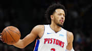 Jan 7, 2024; Denver, Colorado, USA; Detroit Pistons guard Cade Cunningham (2) controls the ball during the first quarter against the Denver Nuggets at Ball Arena. Mandatory Credit: Ron Chenoy-Imagn Images