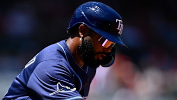 Tampa Bay Rays third baseman Junior Caminero (13) rounds the bases after hitting a two-run home run during the first inning against the Los Angeles Angels at Angel Stadium of Anaheim. 