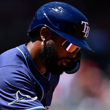 Tampa Bay Rays third baseman Junior Caminero (13) rounds the bases after hitting a two-run home run during the first inning against the Los Angeles Angels at Angel Stadium of Anaheim. 