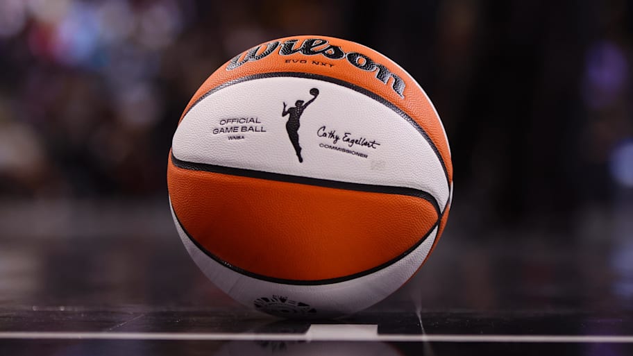 A view of a WNBA basketball on the court. | Brett Davis-Imagn Images