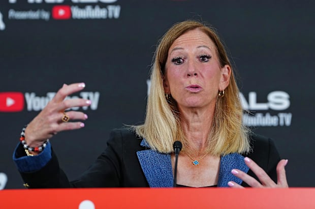 WNBA Commissioner Cathy Engelbert talks during a presser. 