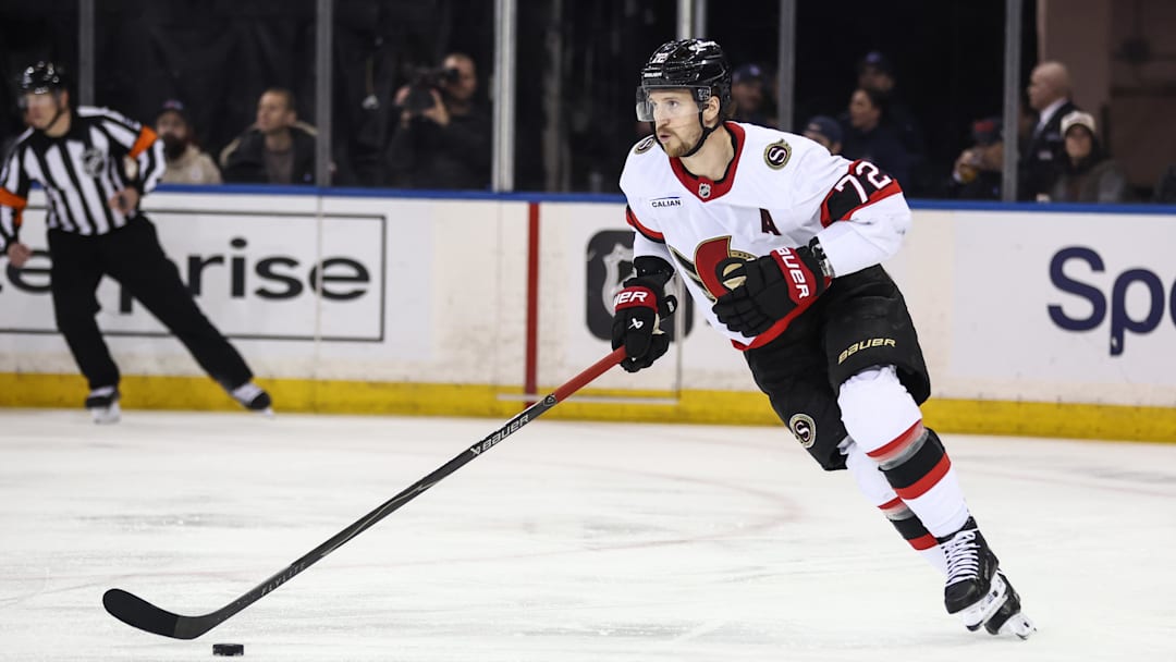 Mar 23, 2026; New York, New York, USA;  Ottawa Senators defenseman Thomas Chabot (72) controls the puck in the first period against the New York Rangers at Madison Square Garden. Mandatory Credit: Wendell Cruz-Imagn Images