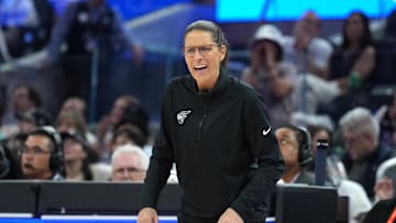 Aug 31, 2025; San Francisco, California, USA; Indiana Fever head coach Stephanie White yells during the second quarter against the Golden State Valkyries at Chase Center. Mandatory Credit: Darren Yamashita-Imagn Images