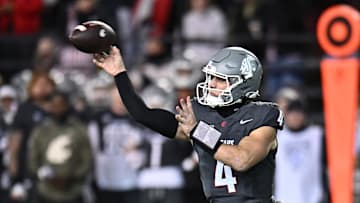 Nov 15, 2025; Pullman, Washington, USA; Washington State Cougars quarterback Zevi Eckhaus (4) throws a pass against the Louisiana Tech Bulldogs in the second half at Gesa Field at Martin Stadium. Mandatory Credit: James Snook-Imagn Images