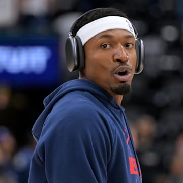 Oct 24, 2025; Inglewood, California, USA; Los Angeles Clippers guard Bradley Beal (0) warms up prior to the game against the Phoenix Suns at Intuit Dome. Mandatory Credit: Jayne Kamin-Oncea-Imagn Images