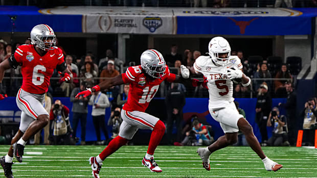 Texas Longhorns receiver Ryan Wingo (5) runs the ball during the College Football Playoff semifinal game against Ohio State i