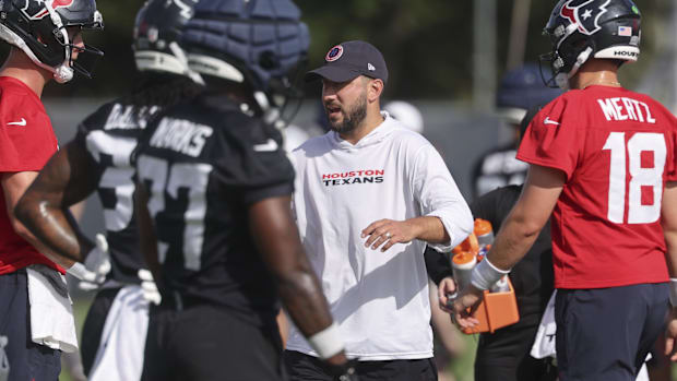 Jul 24, 2025; Houston, TX, USA; Houston Texans offensive coordinator Nick Caley during training camp at Houston Methodist Tra