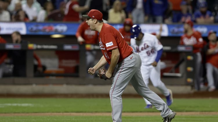 Cincinnati Reds pitcher Derek Law reacts after beating the NY Mets.