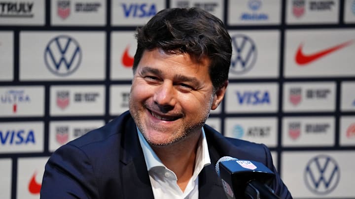 Sep 13, 2024; New York, New York, USA; United States men's national team head coach Mauricio Pochettino talks to the media during a press conference introducing him as the new head coach for the United States men's national team at Warner Bros. Discovery Hudson Center. Mandatory Credit: Lucas Boland-Imagn Images