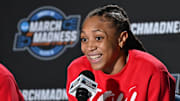 Mar 27, 2025; Spokane, WA, USA; Ole Miss Rebels guard Madison Scott (24) talks with media during an NCAA Tournament practice session at Spokane Arena. Mandatory Credit: James Snook-Imagn Images