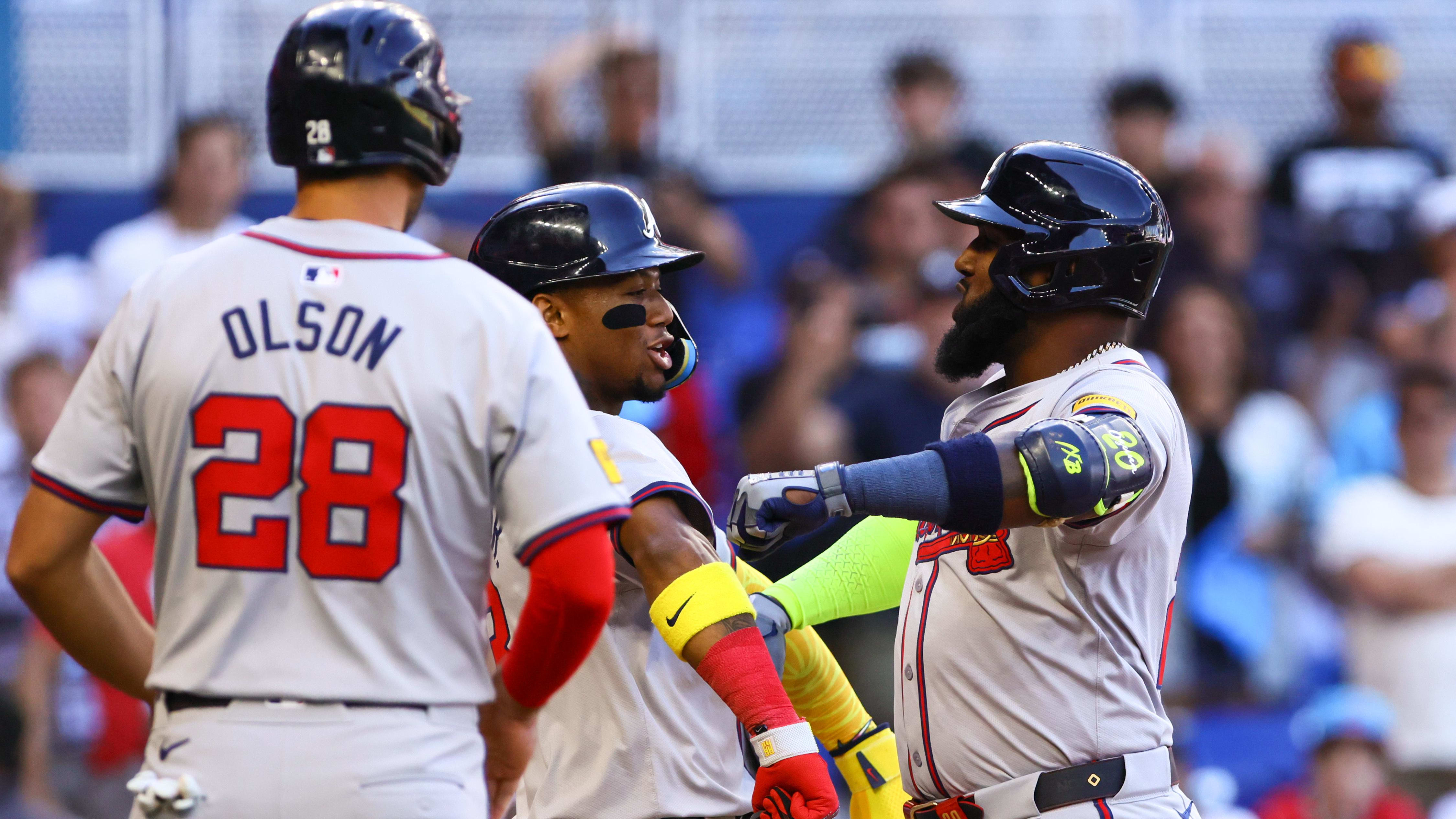 Apr 14, 2024; Miami, Florida, USA; Atlanta Braves designated hitter Marcell Ozuna (20) celebrates