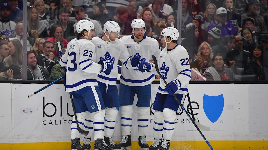 Apr 4, 2026; Los Angeles, California, USA; Toronto Maple Leafs celebrate the short handed goal scored by center Steven Lorentz (18) against the Los Angeles Kings during the first period at Crypto.com Arena. Mandatory Credit: Gary A. Vasquez-Imagn Images