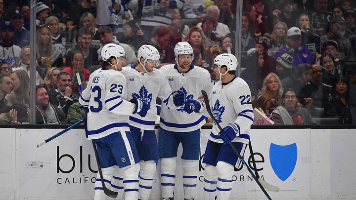 Apr 4, 2026; Los Angeles, California, USA; Toronto Maple Leafs celebrate the short handed goal scored by center Steven Lorentz (18) against the Los Angeles Kings during the first period at Crypto.com Arena. Mandatory Credit: Gary A. Vasquez-Imagn Images