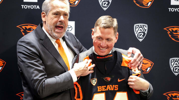 Vice president and director of athletics Scott Barnes introduces Trent Bray as the new head coach for Oregon State Beavers football on Wednesday, Nov. 29, 2023 at Oregon State University in Corvallis, Ore.