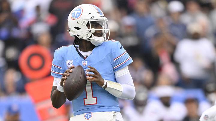 Oct 11, 2026; Nashville, Tennessee, USA;  Tennessee Titans quarterback Cam Ward (1) looks to pass during the first quarter against the Houston Texans at Nissan Stadium.  Mandatory Credit: Steve Roberts-Imagn Images