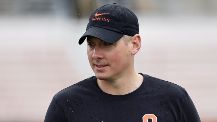 Apr 16, 2022; Corvallis, OR, USA; Oregon State interim defensive coordinator Trent Bray looks on during the Oregon State spring football game at Reser Stadium. Mandatory Credit: Soobum Im-USA TODAY Sports