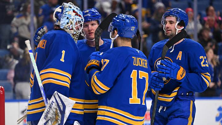 Buffalo Sabres players Ukko-Pekka Luukkonen, Rasmus Dahlin, Jason Zucker and Mattias Samuelsson