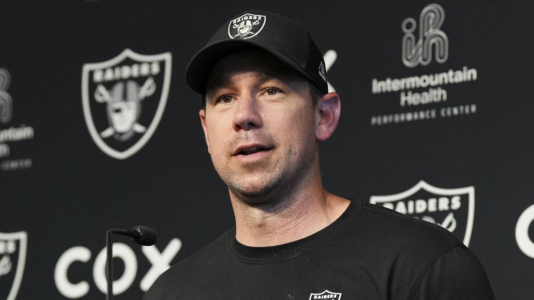 Las Vegas Raiders head coach Klint Kubiak speaks during a news conference during organized team activities.