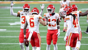 Kansas City Chiefs safety Bryan Cook (6) is congratulated by teammates after making an interception against the Philadelphia Eagles during the first half of Super Bowl LIX at Caesars Superdome.