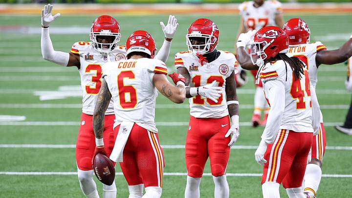 Kansas City Chiefs safety Bryan Cook (6) is congratulated by teammates after making an interception against the Philadelphia Eagles during the first half of Super Bowl LIX at Caesars Superdome.