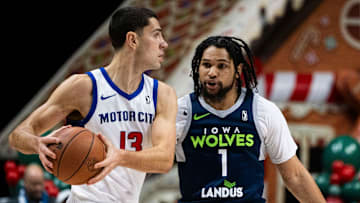 Iowa's Daishen Nix defends Motor City's Cole Swider during an Iowa Wolves vs. Motor City Cruise game at Wells Fargo Arena on Friday, Dec. 13, 2024, in Des Moines.