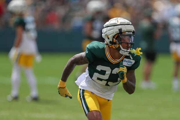 Green Bay Packers defensive back Jaire Alexander runs in practice.