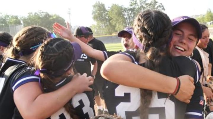 Amador Valley celebrates after emotional 13-11 win at Oak Ridge to claim the CIF Northern California Division 1 championship.