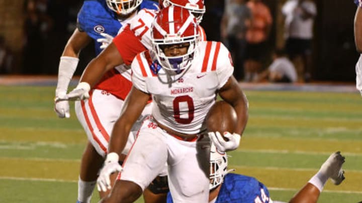 Mater Dei will play Bishop Gorman for the fourth time on Sept. xx after winning for a third straight time here in 2022, 24-21. 5-star running back Jordon Davison (0) is back for the Monarchs.