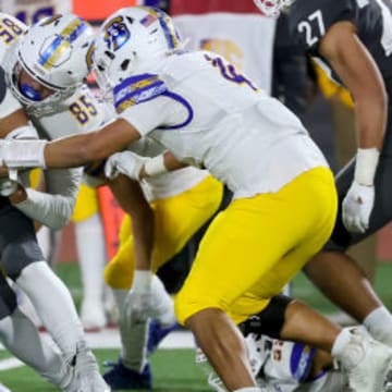 St. John Bosco (blue) beat San Mateo Serra 45-0 in this 2022 CIF State Open Division game at Saddleback College in Mission Viejo. The teams meet again in a nonleague Saturday in San Mateo.  