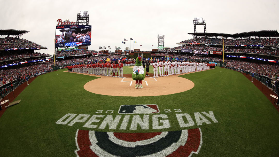 The Philadelphia Phillies and Cincinnati Reds get introduced at the 2023 Phillies home opener on April 7, 2023.