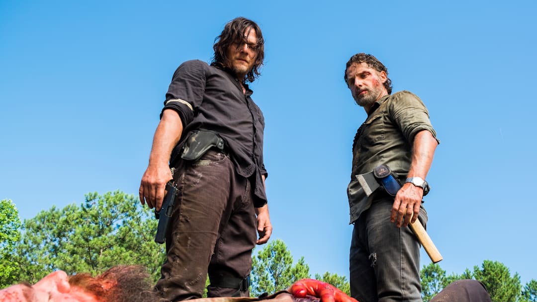 Charles Halford as Yago, Norman Reedus as Daryl Dixon, Andrew Lincoln as Rick Grimes - The Walking Dead _ Season 8, Episode 5 - Photo Credit: Gene Page/AMC