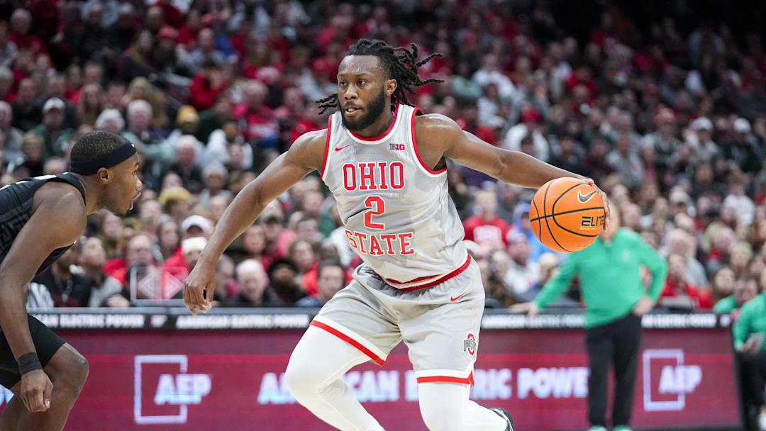 Ohio State Buckeyes guard Bruce Thornton (2) dribbles the ball against the Michigan State Spartans in the second half at Value City Arena on Friday, Jan. 3, 2025 in Columbus, Ohio.
