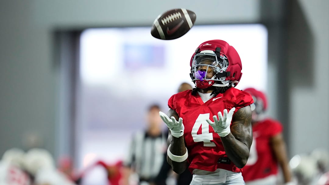 Ohio State Buckeyes wide receiver Jeremiah Smith (4) catches a punt during the first day of spring workouts for the 2026 football season at Woody Hayes Athletic Complex in Columbus on March 10, 2026.