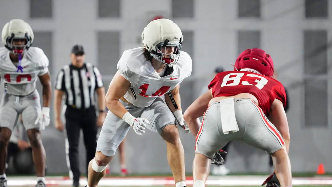 Ohio State Buckeyes linebacker Christian Alliegro (14) lines up across from tight end Nate Roberts (83) during Student Appreciation Day spring practice at the Woody Hayes Athletic Center on April 4, 2026.