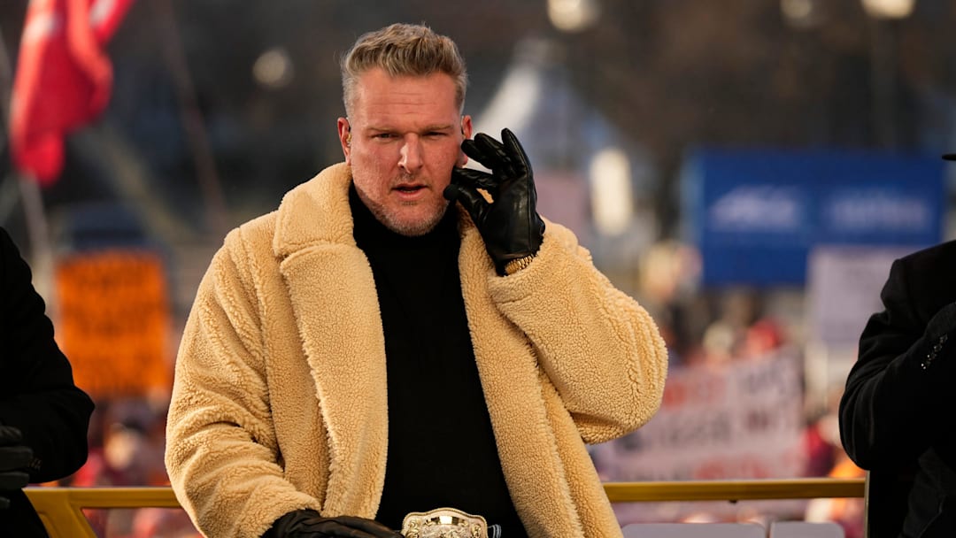 Pat McAfee talks on the set of ESPN College GameDay prior to the College Football Playoff first round game between the Ohio State Buckeyes and Tennessee Volunteers in Columbus on Dec. 21, 2024.