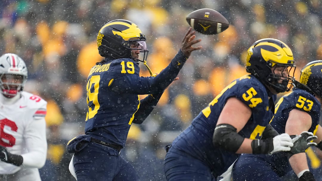 Michigan Wolverines quarterback Bryce Underwood (19) throws during the NCAA football game against the Ohio State Buckeyes at Michigan Stadium in Ann Arbor, Mich. on Nov. 29, 2025. Ohio State won 27-9.